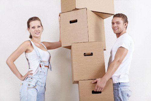 Packed boxes and furniture ready for removals in Cheam